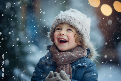 Boy toddler enjoying the first snow in winter coat, happy and smiling