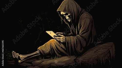 An illustration of the Grim Reaper leaning against a rock, staring boredly at their phone. photo