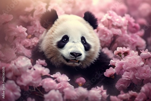 Adorable Cute baby panda flowers. Cub animal. Generate Ai © juliars