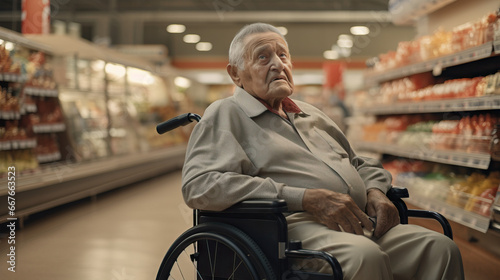 Older Senior Man in Wheelchair Grocery Shopping. Concept of Independent living, senior grocery shopping, wheelchair accessibility, daily essentials, shopping assistance, senior care. photo