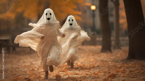 Running in a park in the autumn are two kids wearing ghost costumes.