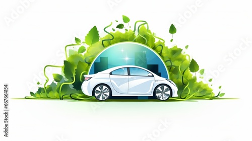 White electric vehicle plugged into a power station charger against a green background.