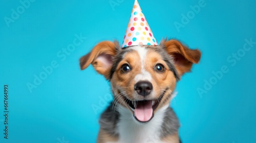 Adorable puppy with a colorful polka dotted party hat on a vivid blue background, looking at the camera with joyful, playful eyes and a tongue out smile