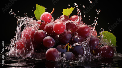 Water Splashing on Fresh Grapes Bunches On Dark Background with Copy Space Selective Focus