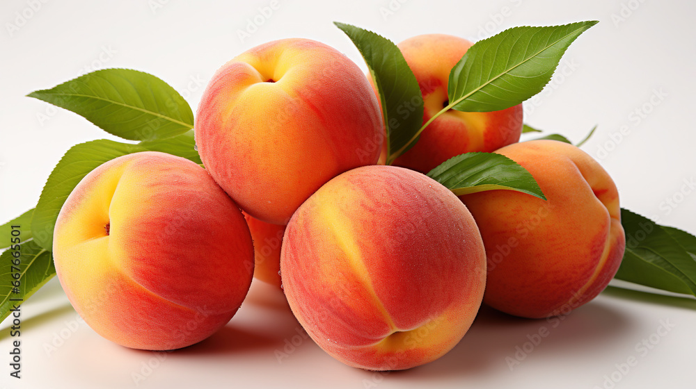 Group of Fresh Red Colored Ripe Peach With Leafs on White Background Selective Focus Group of Fresh Red Colored Ripe Peach With Leafs on White Background Selective Focus