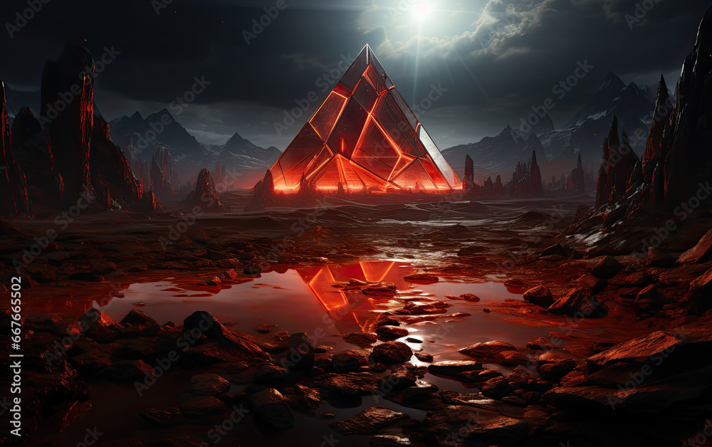 A futuristic red pyramid with a light glow background.	
