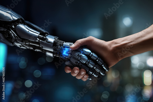 Businessman and AI Artificial Intelligence robot handshake. Business relationship, partnership and teamwork concept.