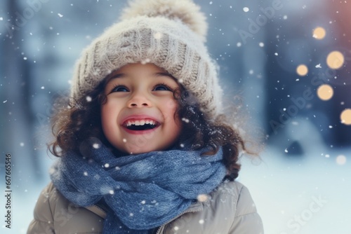 Happy toddler girl smiling in first winter snow