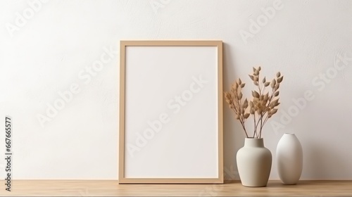 Blank vertical frame on a monochrome soft background in beige colors. Mock up for a photo or illustration