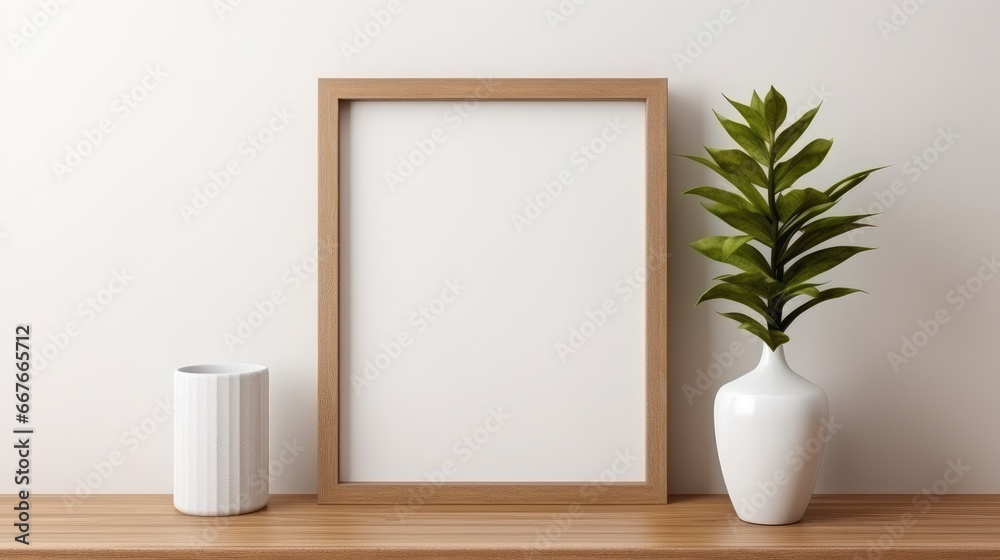Fototapeta premium Blank vertical frame on a monochrome soft background in beige colors. Mock up for a photo or illustration
