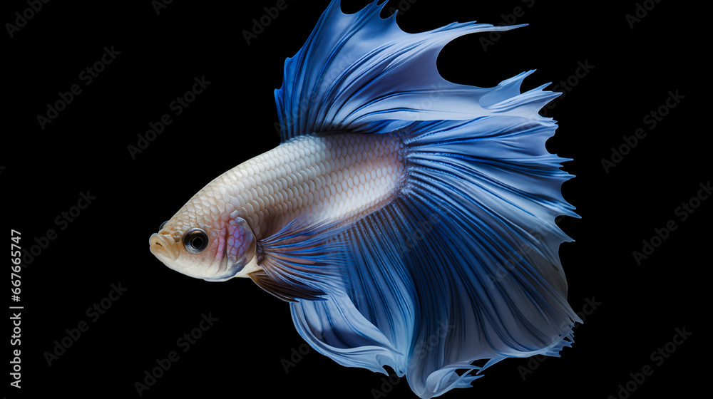 Fototapeta premium Capture the moving moment of blue siamese fighting fish isolated on black background. betta fish. 