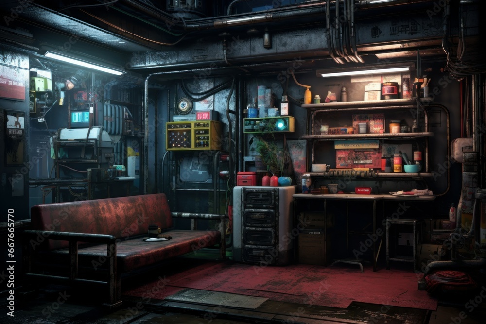 Dystopian Cyberpunk apartment. Futuristic room house. Generate Ai Dystopian Cyberpunk apartment. Futuristic room house. Generate Ai