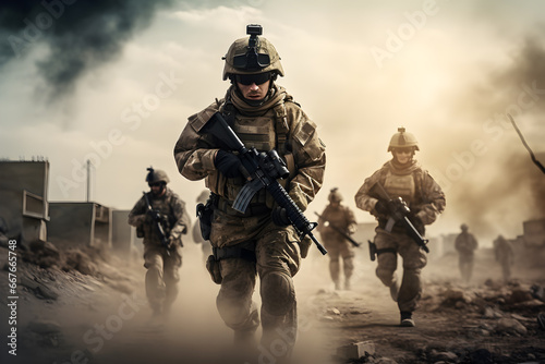 Special forces soldiers in action on the battlefield, Military war forces in action during a combat mission, War Concept illustration