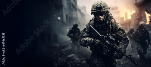 Special forces soldiers in action with assault rifle on the battlefield, Military war forces in action during a combat mission, War Concept illustration banner photo