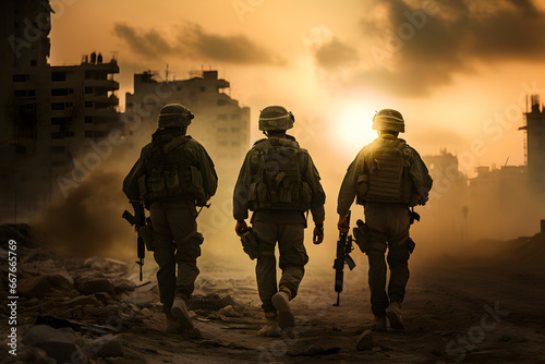 Silhouette of Special forces soldiers on the battlefield sunset, Military war forces in action during a combat mission, War Concept illustration