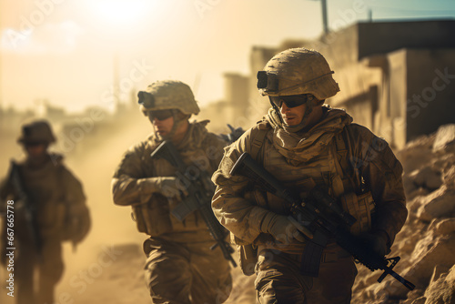 Special forces soldiers in action on the battlefield, Military war forces in action during a combat mission, War Concept illustration