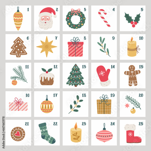 Christmas Advent calendar with hand drawn holiday elements and decoration. Xmas Poster. Vector flat illustration.