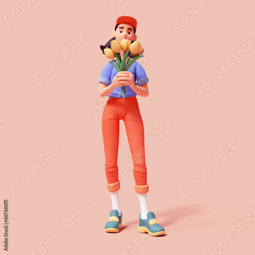 Cute kawaii excited smiling asian brunette k-pop girl in fashion casual clothes red pants, blue t-shirt holds fresh flowers in her hands, smells a bouquet of yellow tulips. 3d render on pink backdrop.