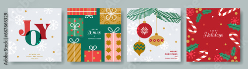Merry Christmas and Happy New Year set of greeting cards. Modern geometric Xmas design with typography, Christmas tree and balls, gifts, holly, candys. Vector templates banner, poster, holiday cover.