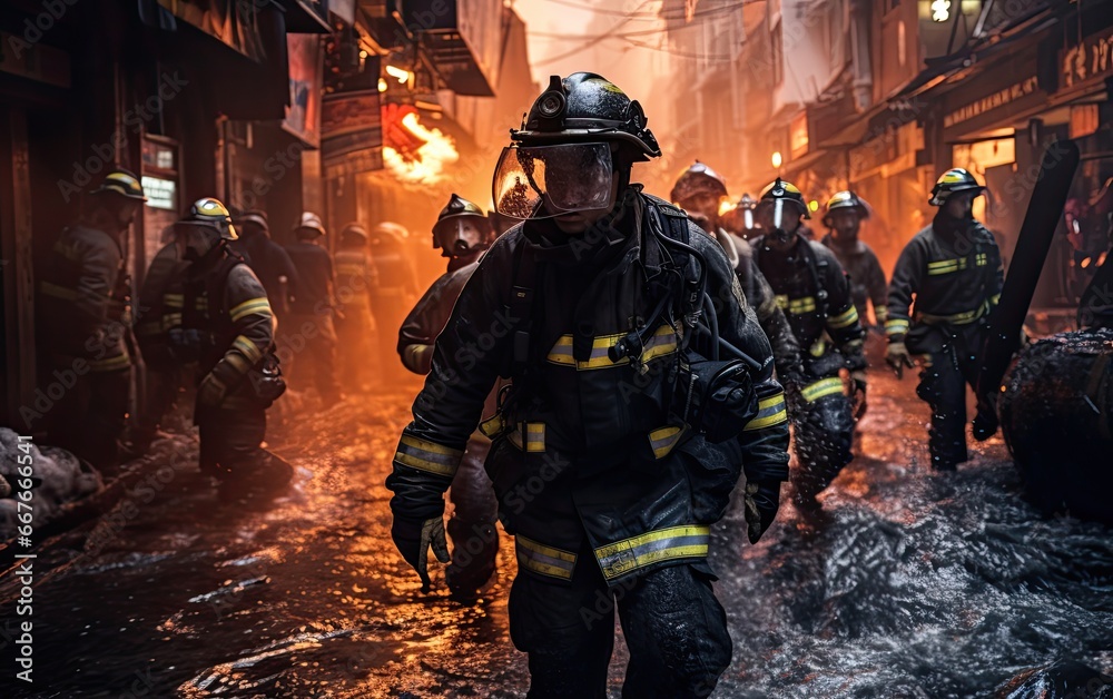 Fireman at the fire burning buildings. Fireman at the fire burning buildings.