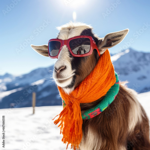 Lustige Ziege im Winter in den Bergen trägt eine Sonnenbrille und einen Schal © Jürgen Fälchle