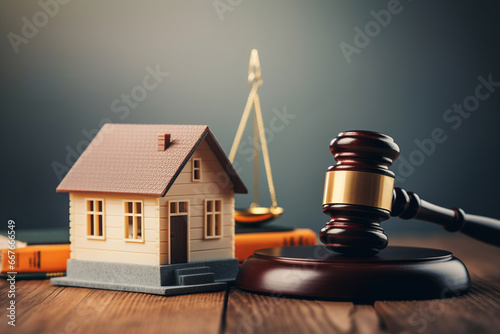 Gavel, house and books on wooden table. Law and justice concept. photo