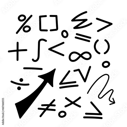Mathematical symbol icons set in hand drawn doodle style, vector illustration