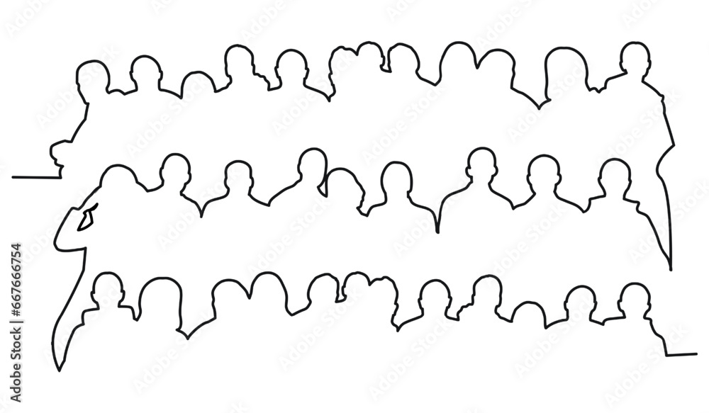 Image of crowd silhouette, group of people, sports team. Fans, admirers, students, audience, public, viewers, watcher. One solid continuous line style Image of crowd silhouette, group of people, sports team. Fans, admirers, students, audience, public, viewers, watcher. One solid continuous line style