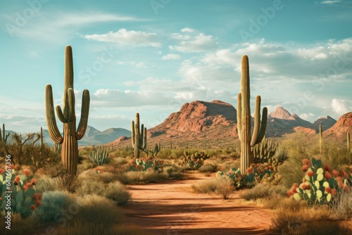 Awe-inspiring Desert landscape near mountains. Nature sun. Generate Ai
