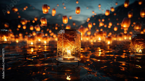 Paper Made Lanterns with Candles Inside Pure Black Sky With Out Rope Background Selective Focus photo