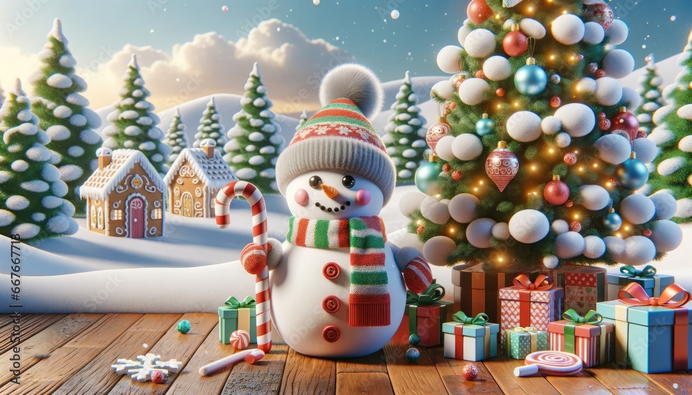 A snowman, wearing a striped scarf and hat, poses beside a vibrant Christmas tree adorned with colorful ornaments. Gingerbread houses, wrapped gifts, and candy canes.