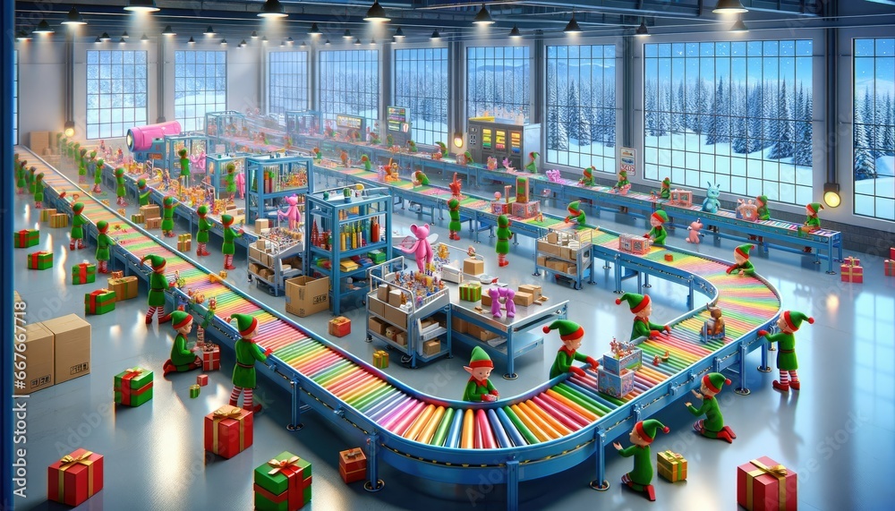 Fototapeta premium A bustling Christmas toy factory is filled with diligent elves assembling, packaging, and sorting toys. Colorful conveyors move gifts, while the snowy outdoors sets a festive backdrop.