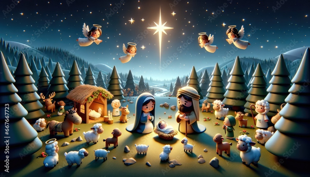 Nativity scene unfolds under a starry night. Angels hover, while Mary