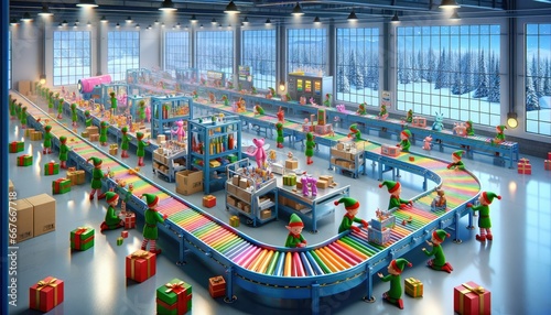 A bustling Christmas toy factory is filled with diligent elves assembling, packaging, and sorting toys. Colorful conveyors move gifts, while the snowy outdoors sets a festive backdrop. photo