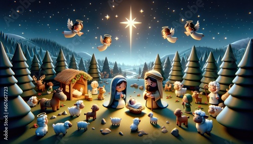  Nativity scene unfolds under a starry night. Angels hover, while Mary and Joseph adore baby Jesus. Surrounding them are shepherds, animals, and trees, all illuminated by the guiding star.