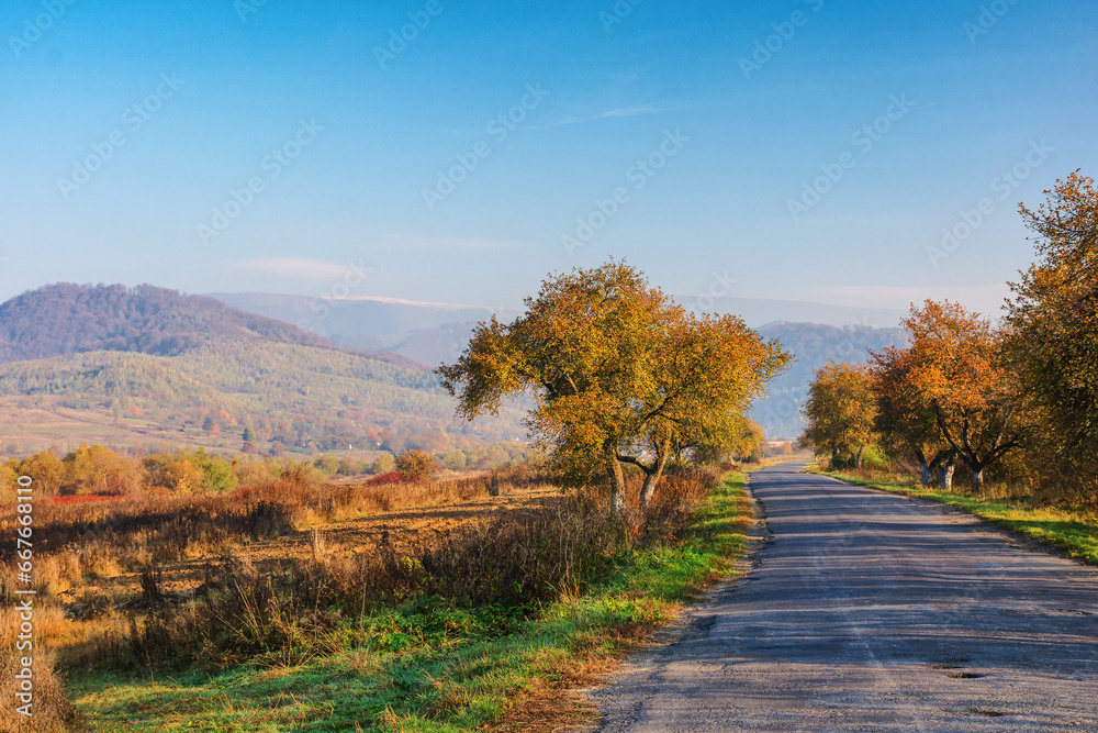 old cracked country road through rural valley in morning light. autumnal scenery with trees in fall colors on the roadside. mountains in the hazy distance