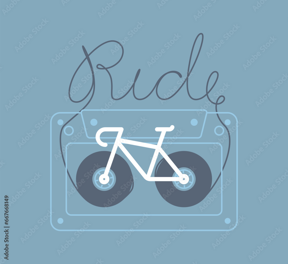Vector stylized line of an old compact audio cassette with bicycle inside and text RIDE. Isolated on blue background Vector stylized line of an old compact audio cassette with bicycle inside and text RIDE. Isolated on blue background