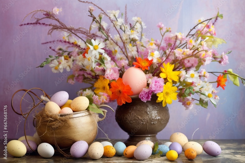 Easter-themed arrangement of flowers and eggs on a bright background. Generative AI