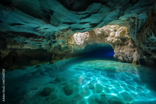 Stunning azure cave with magnificent cerulean water. Generative AI