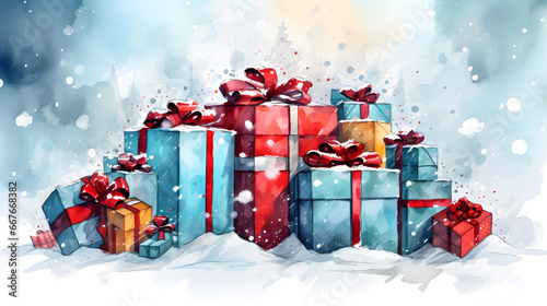 Watercolor Christmas gifts isolated on white background © Oksana