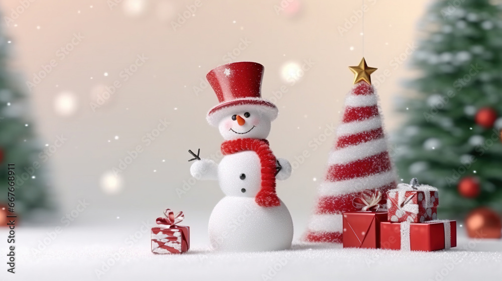 Cute Snowman in His Red Outfit For Merry Christmas Greeting Background Focus on Foreground Cute Snowman in His Red Outfit For Merry Christmas Greeting Background Focus on Foreground