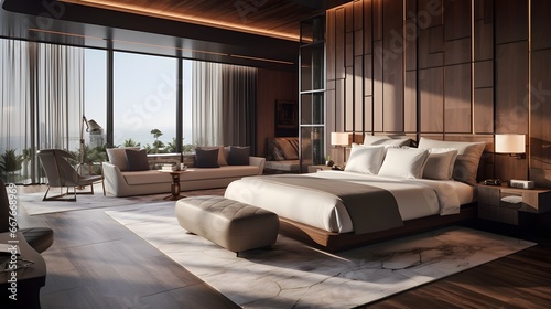 Stylish bedroom interior with wood floor and gray wall. Furnished with brown fabric bed and white blanket Shape window nature light shining into the room