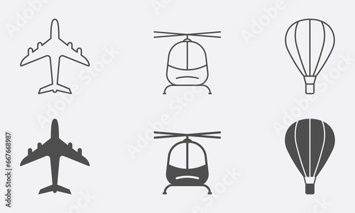 Plane, Helicopter, Hot Air Balloon Line and Silhouette Icon Set. Air Transport Pictogram. Jet Cargo Shipping Symbol Collection. Flight Transportation. Isolated Vector Illustration