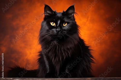Black fluffy cat on a light background for Halloween, orange eyes © Daniil