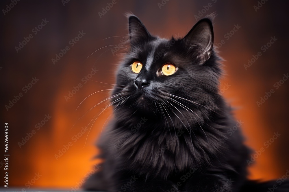 Black fluffy cat on a light background for Halloween, orange eyes