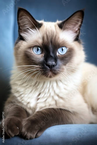 Portrait of a beautiful Burmese cat with blue eyes. Light background