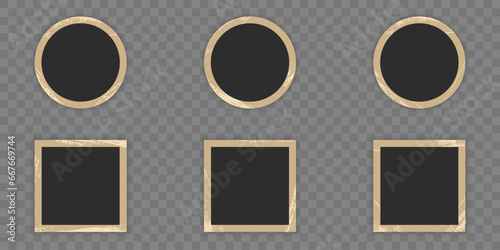Retro Photo Paper Set In Circle and Square Shape. Blank Vintage Photo Frame With Grunge Border. Picture Album, Photography Card Collection On Transparent Background. Isolated Vector Illustration