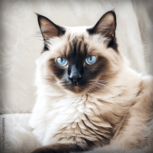 Portrait of a beautiful Burmese cat with blue eyes. Light background photo