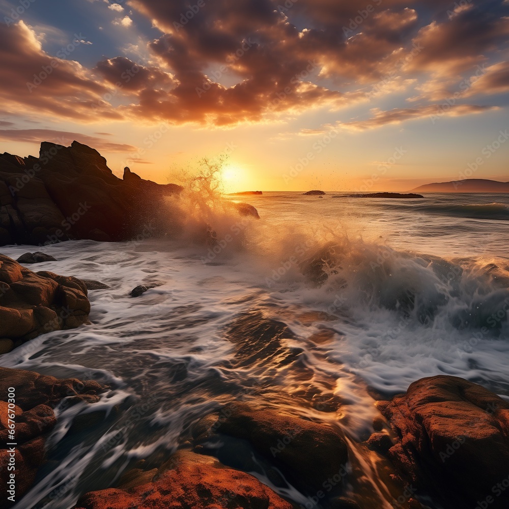 Obraz premium Sunset on the ocean shore. AI generated