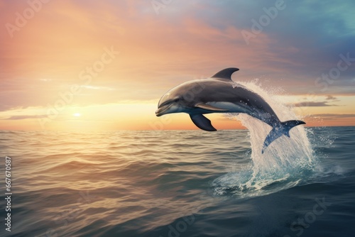 Expansive Dolphin sky sea. Animal jump couple. Generate Ai © juliars